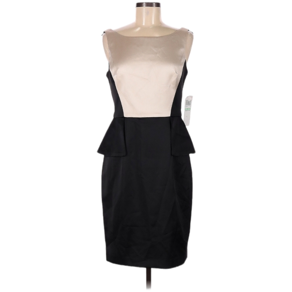 Maggy London Midi Dress Size 8 Black & Cream Color Boat Neck Peplum Cocktail NEW